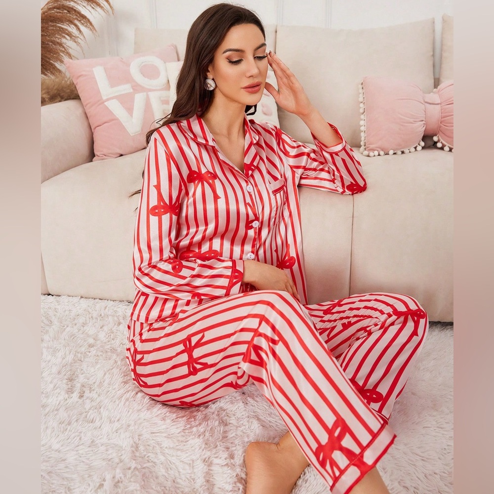 Satin Striped Bow Print Long Sleeve Pajama Set